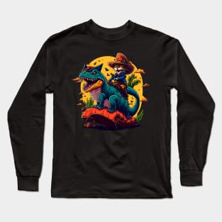 T Rex Dinosaur Riding Cat Long Sleeve T-Shirt